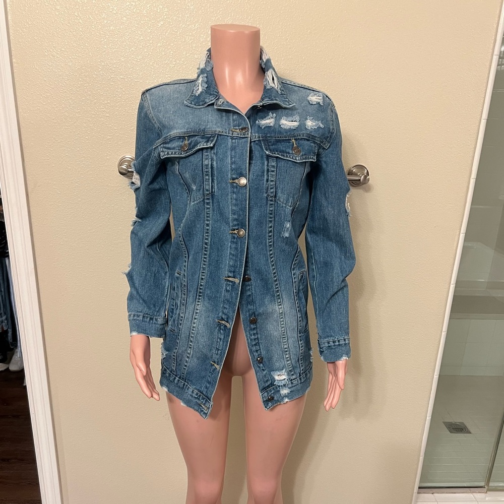 Distressed Blue Denim Jacket for Women. Size M.
